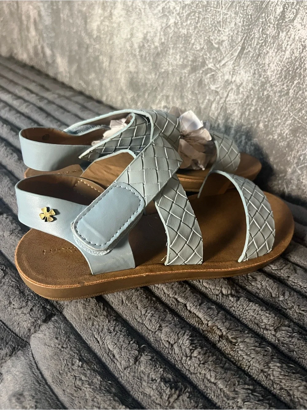 Lucky Brand Leather Light Blue Woven Strap Kids' Slide Sandals New 3y